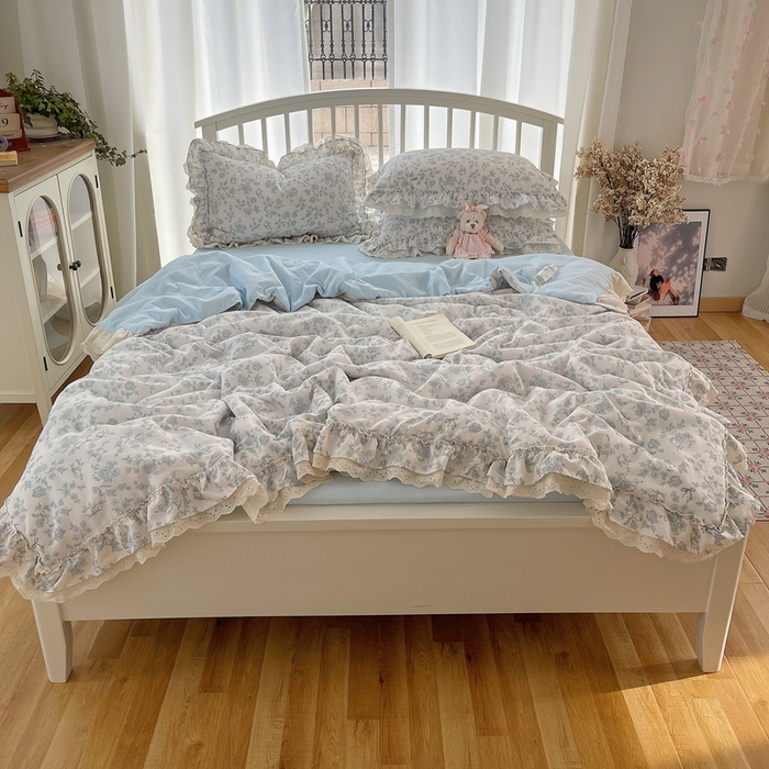 91家纺网 家纺一手货源 找家纺 轻奢坊 2025新款水洗棉双层纱双层花边夏被夏凉被空调被四件套 夏被-清浅