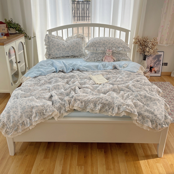 91家纺网 家纺一手货源 找家纺 轻奢坊 2025新款水洗棉双层纱双层花边夏被夏凉被空调被四件套 夏被-清浅