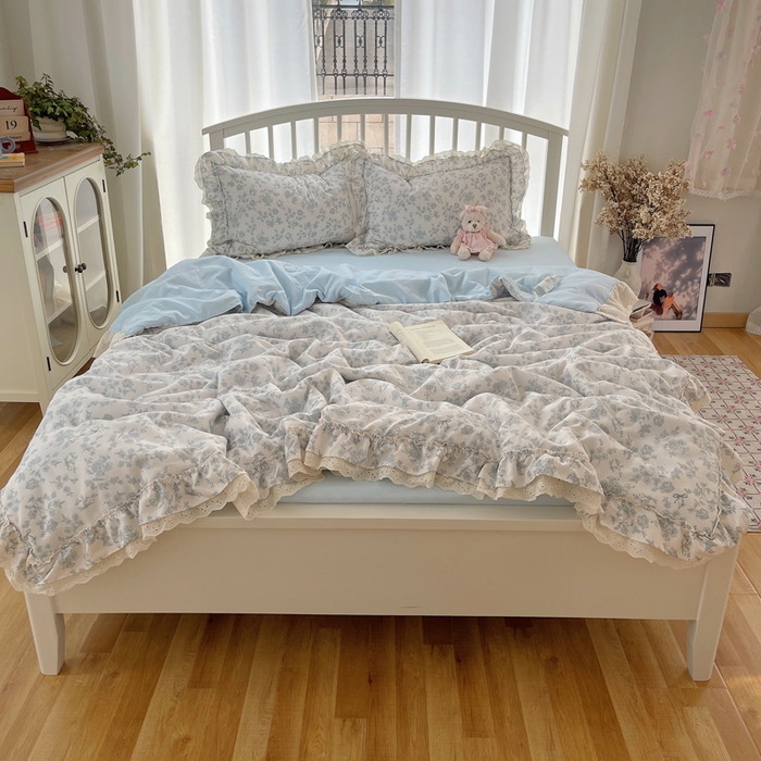 91家纺网 家纺一手货源 找家纺 轻奢坊 2025新款水洗棉双层纱双层花边夏被夏凉被空调被四件套 夏被-清浅