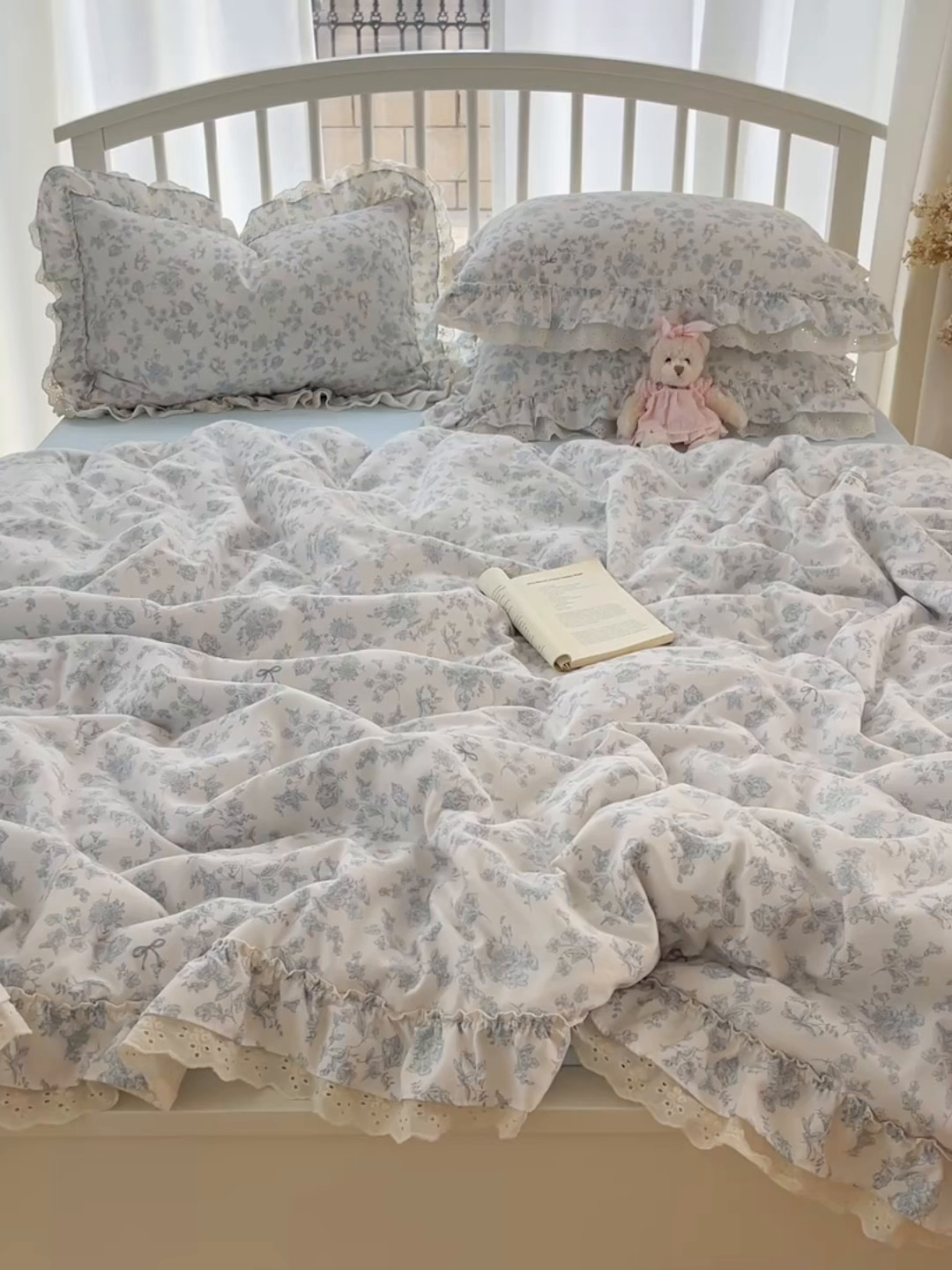 91家纺网 家纺一手货源 找家纺 轻奢坊 2025新款水洗棉双层纱双层花边夏被夏凉被空调被四件套 夏被-清浅