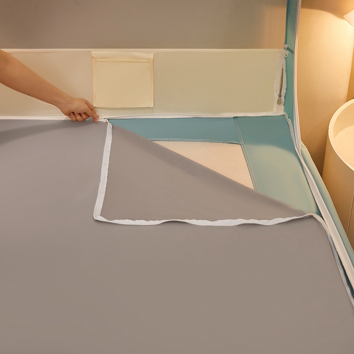 91家纺网 家纺一手货源 找家纺 星际优品 2025新款拉链式坐床防摔蚊帐-拼色款系列 浅绿奶油黄