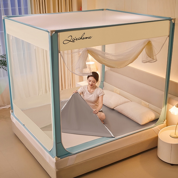 91家纺网 家纺一手货源 找家纺 星际优品 2025新款拉链式坐床防摔蚊帐-拼色款系列 浅绿奶油黄