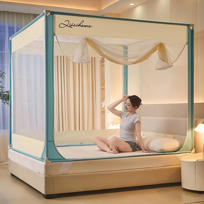 91家纺网 家纺一手货源 找家纺 星际优品 2025新款拉链式坐床防摔蚊帐-拼色款系列 浅绿奶油黄