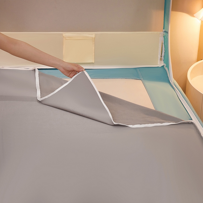 91家纺网 家纺一手货源 找家纺 星际优品 2025新款拉链式坐床防摔蚊帐-拼色款系列 浅绿奶油黄