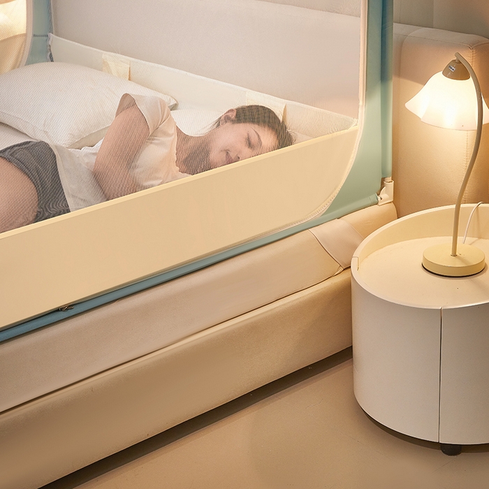 91家纺网 家纺一手货源 找家纺 星际优品 2025新款拉链式坐床防摔蚊帐-拼色款系列 浅绿奶油黄