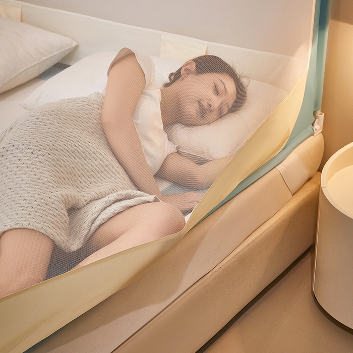 91家纺网 家纺一手货源 找家纺 星际优品 2025新款拉链式坐床防摔蚊帐-拼色款系列 浅绿奶油黄