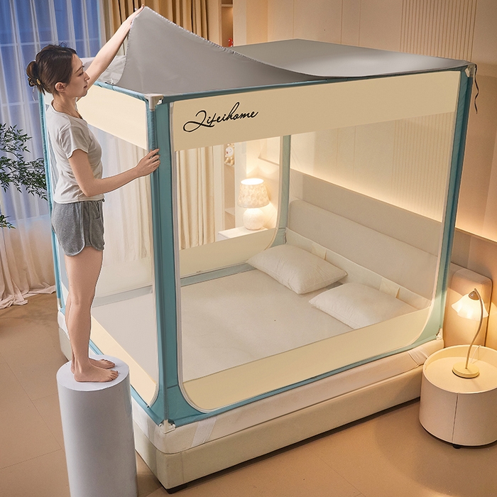 91家纺网 家纺一手货源 找家纺 星际优品 2025新款拉链式坐床防摔蚊帐-拼色款系列 浅绿奶油黄