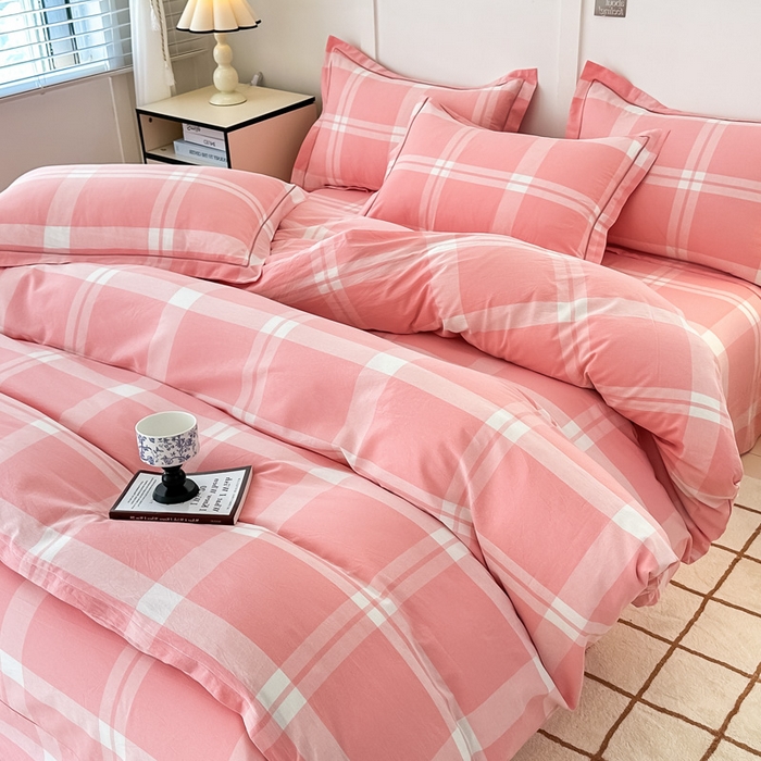 91家纺网 家纺一手货源 找家纺 侯先生家纺 2025新款全棉色织四件套纯棉被套床单四季款格子三件套 多伦多-粉