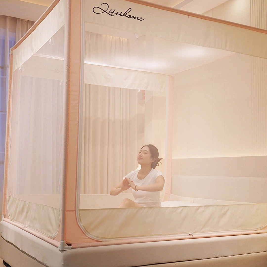 91家纺网 家纺一手货源 找家纺 星际优品 2025新款拉链式坐床防摔蚊帐-拼色款系列 浅绿奶油黄