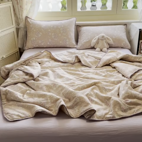 91家纺网 家纺一手货源 找家纺 星巴k家纺 2025新款春夏云感双层纱A类母婴级三角针夏被贝壳边夏凉被贝壳绣【可提供买家秀】 贝壳绣-爱如星辰