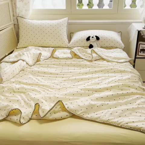 91家纺网 家纺一手货源 找家纺 星巴k家纺 2025新款春夏云感双层纱A类母婴级三角针夏被贝壳边夏凉被贝壳绣【可提供买家秀】 贝壳绣-波点（灰）