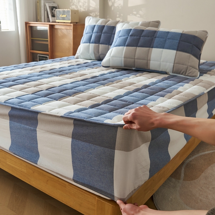 91家纺网 家纺一手货源 找家纺 锦丝钰床垫 2025春夏新款全棉色织水洗棉床笠 蓝大格