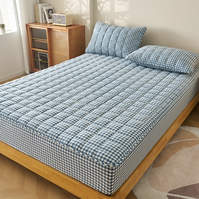 91家纺网 家纺一手货源 找家纺 锦丝钰床垫 2025春夏新款全棉色织水洗棉床笠 蓝小格