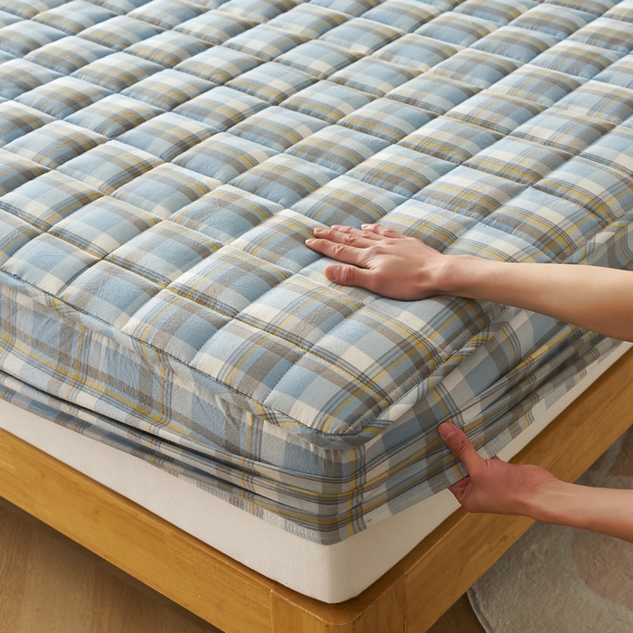 91家纺网 家纺一手货源 找家纺 锦丝钰床垫 2025春夏新款全棉色织水洗棉床笠 简兮蓝