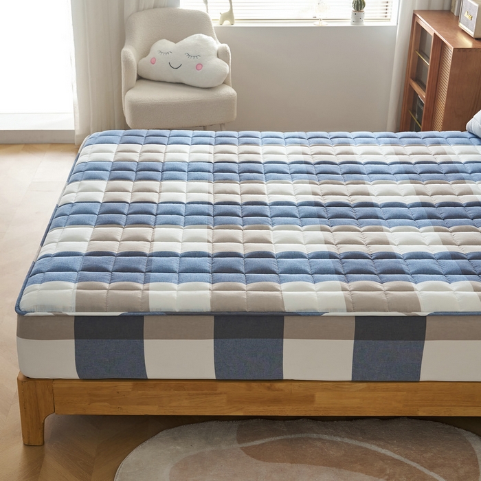 91家纺网 家纺一手货源 找家纺 锦丝钰床垫 2025春夏新款全棉色织水洗棉床笠 蓝大格