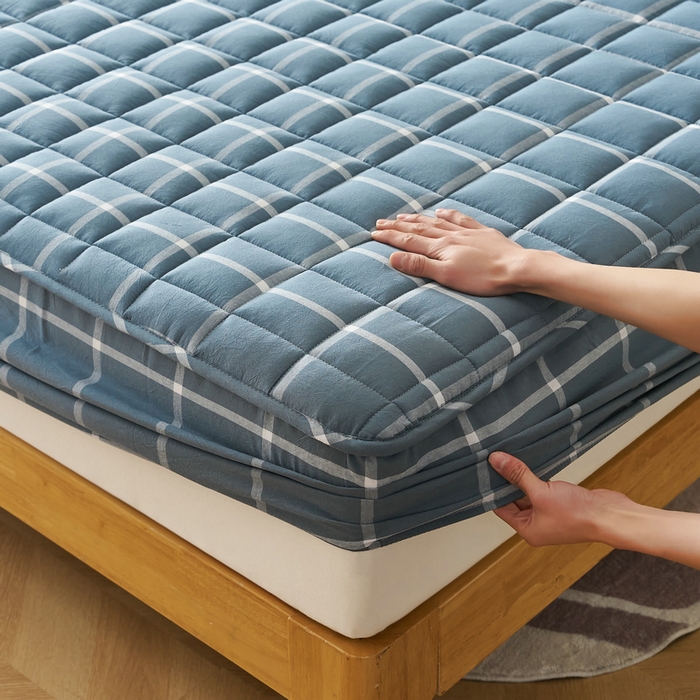 91家纺网 家纺一手货源 找家纺 锦丝钰床垫 2025春夏新款全棉色织水洗棉床笠 海蓝大格