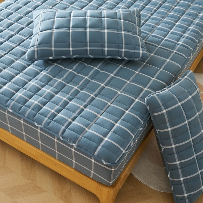 91家纺网 家纺一手货源 找家纺 锦丝钰床垫 2025春夏新款全棉色织水洗棉床笠 海蓝大格