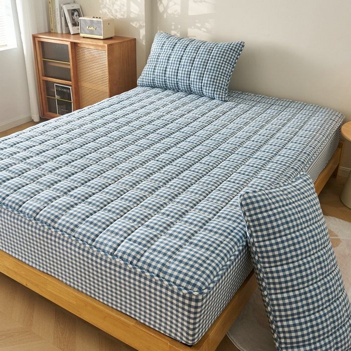 91家纺网 家纺一手货源 找家纺 锦丝钰床垫 2025春夏新款全棉色织水洗棉床笠 蓝小格