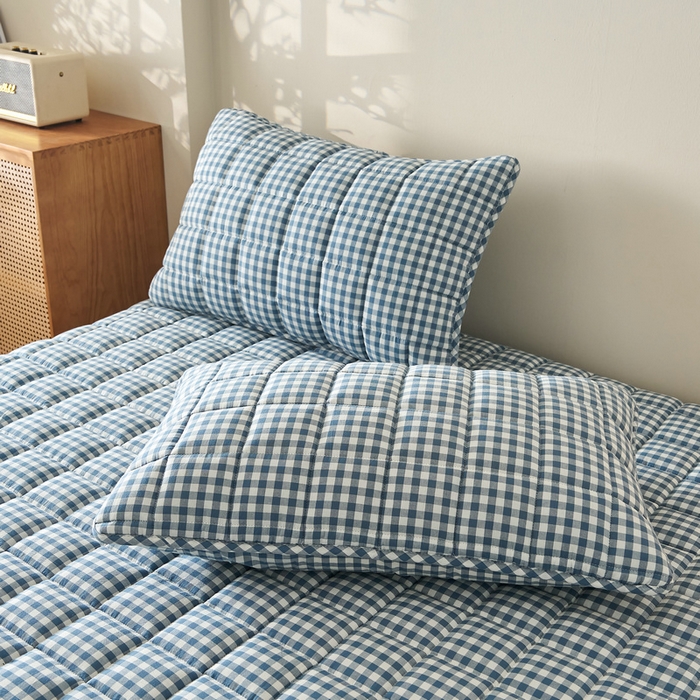 91家纺网 家纺一手货源 找家纺 锦丝钰床垫 2025春夏新款全棉色织水洗棉床笠 蓝小格