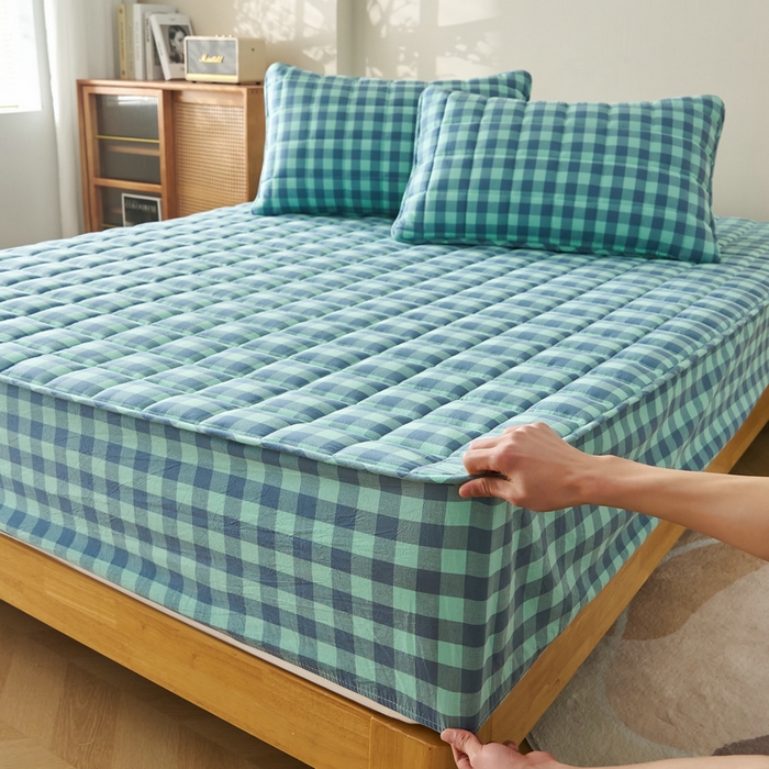 91家纺网 家纺一手货源 找家纺 锦丝钰床垫 2025春夏新款全棉色织水洗棉床笠 蓝绿中格