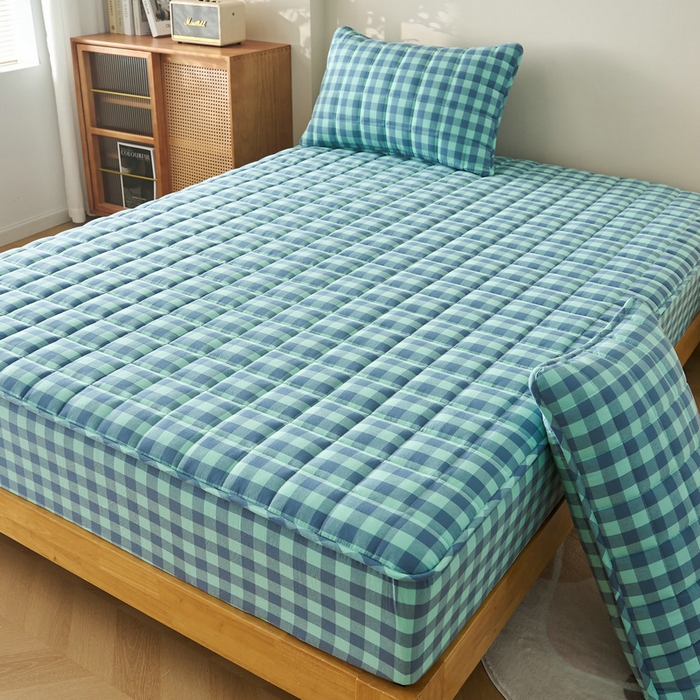 91家纺网 家纺一手货源 找家纺 锦丝钰床垫 2025春夏新款全棉色织水洗棉床笠 蓝绿中格