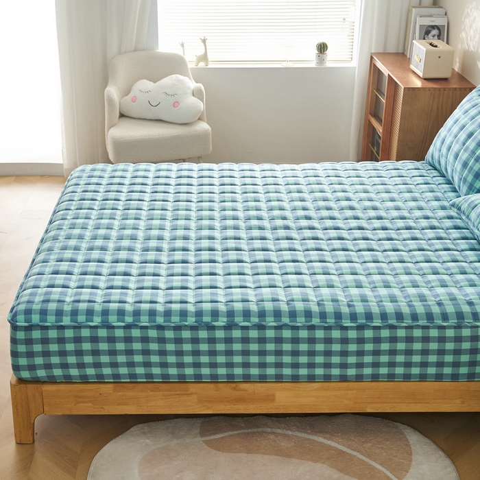 91家纺网 家纺一手货源 找家纺 锦丝钰床垫 2025春夏新款全棉色织水洗棉床笠 蓝绿中格