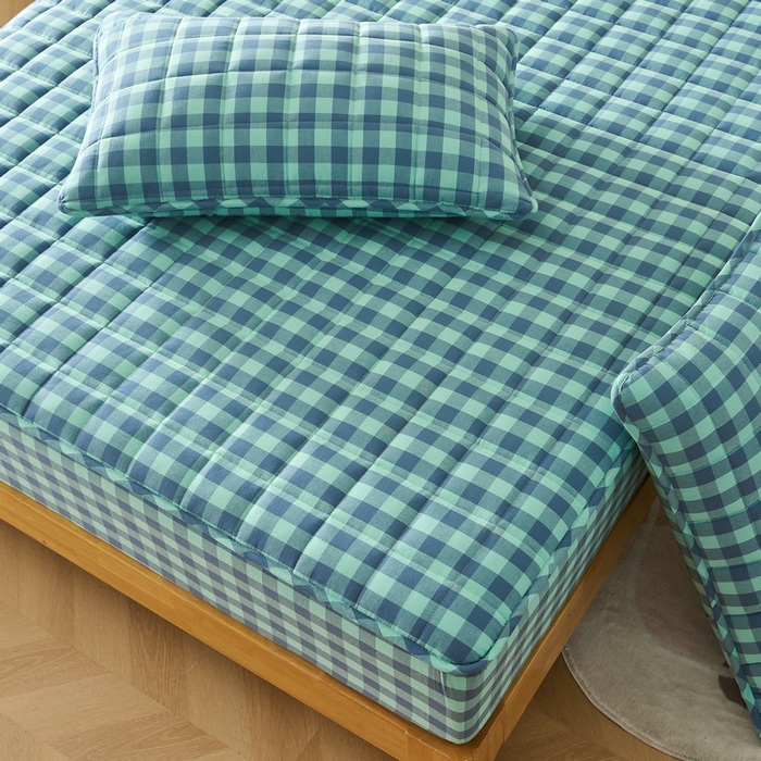 91家纺网 家纺一手货源 找家纺 锦丝钰床垫 2025春夏新款全棉色织水洗棉床笠 蓝绿中格