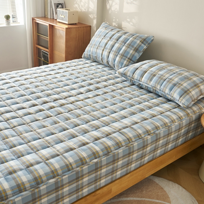 91家纺网 家纺一手货源 找家纺 锦丝钰床垫 2025春夏新款全棉色织水洗棉床笠 简兮蓝