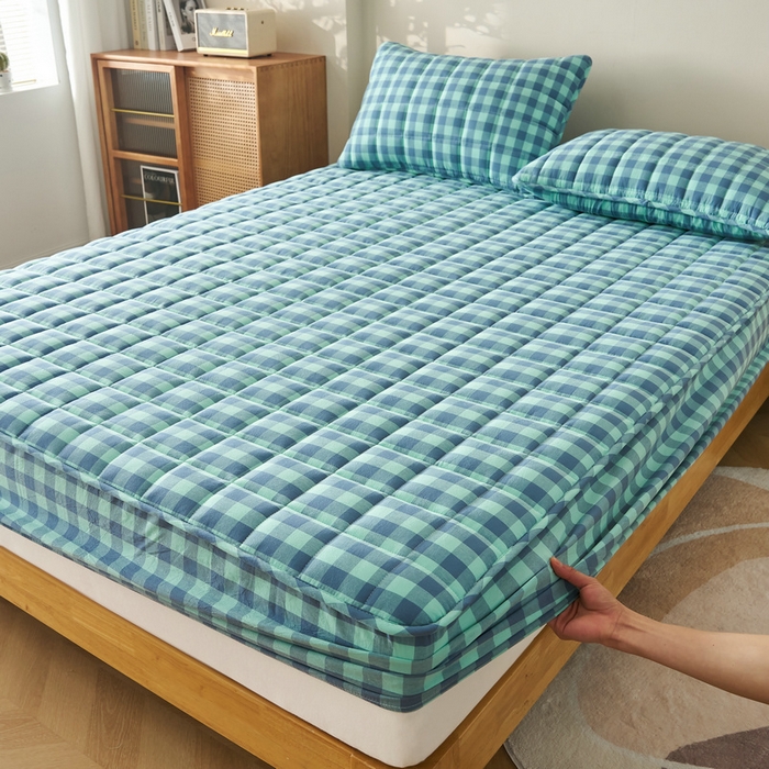 91家纺网 家纺一手货源 找家纺 锦丝钰床垫 2025春夏新款全棉色织水洗棉床笠 蓝绿中格