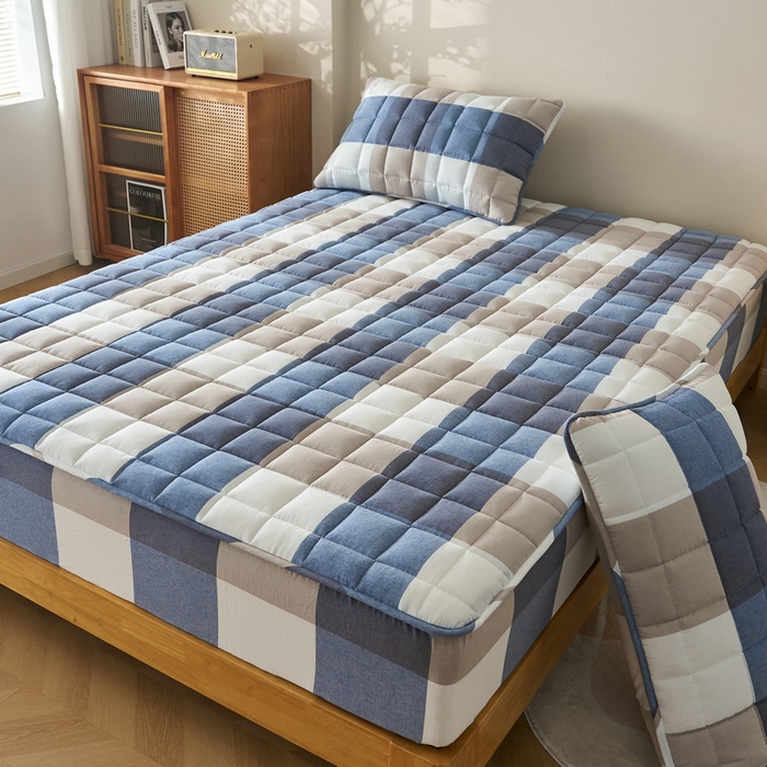 91家纺网 家纺一手货源 找家纺 锦丝钰床垫 2025春夏新款全棉色织水洗棉床笠 蓝大格