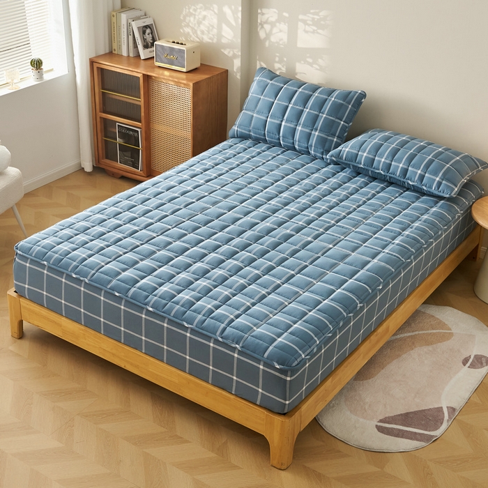 91家纺网 家纺一手货源 找家纺 锦丝钰床垫 2025春夏新款全棉色织水洗棉床笠 海蓝大格