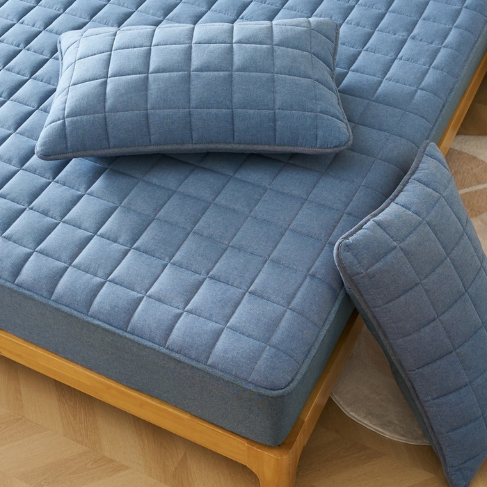 91家纺网 家纺一手货源 找家纺 锦丝钰床垫 2025春夏新款全棉色织水洗棉床笠 牛仔蓝