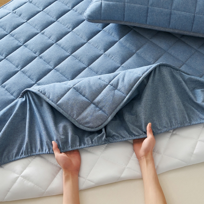 91家纺网 家纺一手货源 找家纺 锦丝钰床垫 2025春夏新款全棉色织水洗棉床笠 牛仔蓝