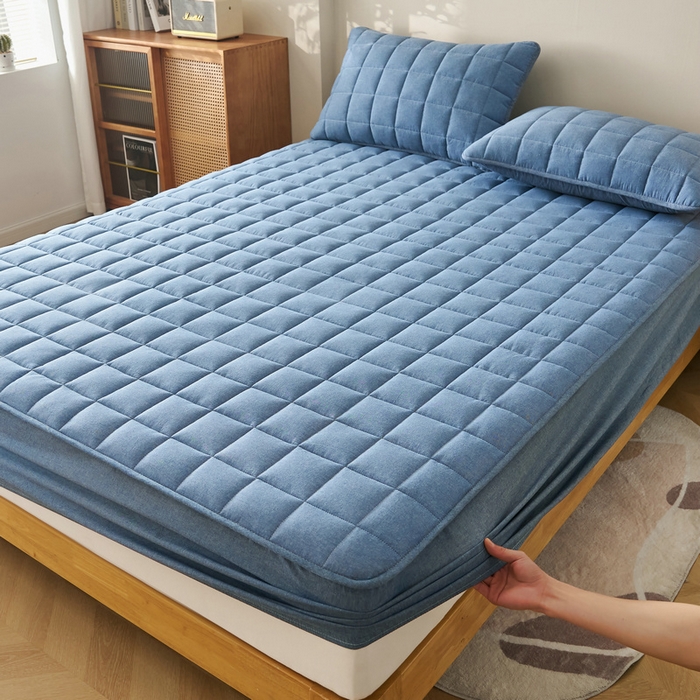 91家纺网 家纺一手货源 找家纺 锦丝钰床垫 2025春夏新款全棉色织水洗棉床笠 牛仔蓝