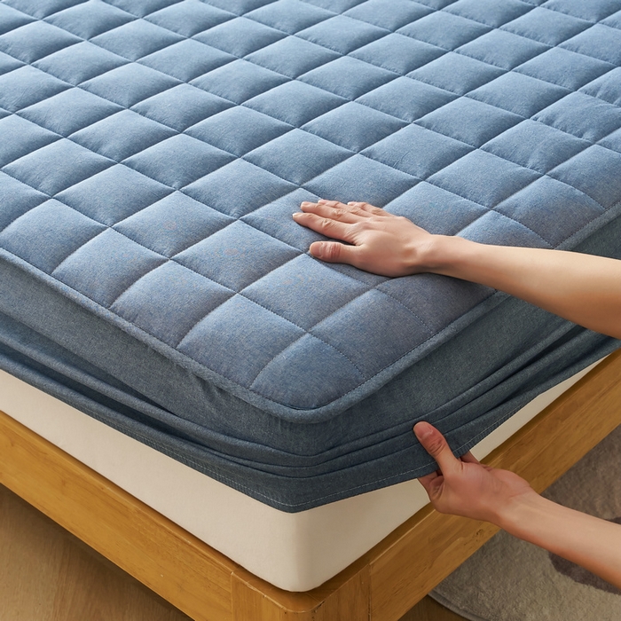 91家纺网 家纺一手货源 找家纺 锦丝钰床垫 2025春夏新款全棉色织水洗棉床笠 牛仔蓝