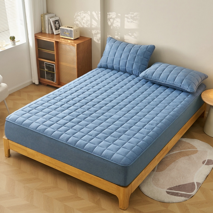 91家纺网 家纺一手货源 找家纺 锦丝钰床垫 2025春夏新款全棉色织水洗棉床笠 牛仔蓝