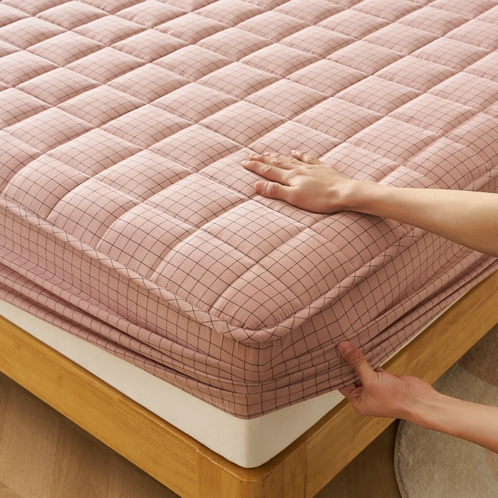 91家纺网 家纺一手货源 找家纺 锦丝钰床垫 2025春夏新款全棉色织水洗棉床笠 小粉格