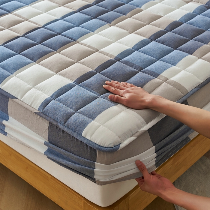 91家纺网 家纺一手货源 找家纺 锦丝钰床垫 2025春夏新款全棉色织水洗棉床笠 蓝大格