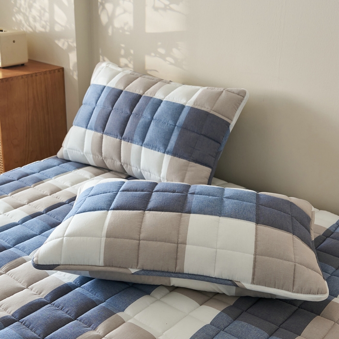 91家纺网 家纺一手货源 找家纺 锦丝钰床垫 2025春夏新款全棉色织水洗棉床笠 蓝大格