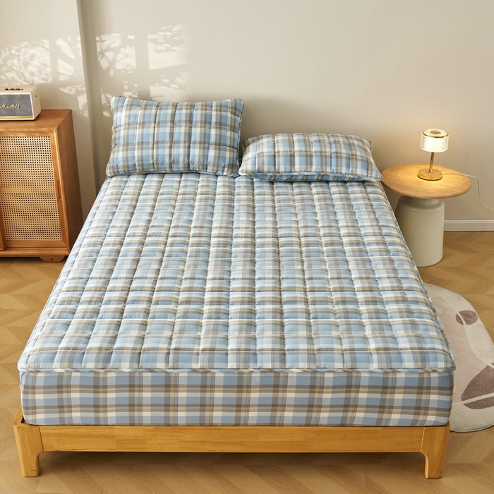 91家纺网 家纺一手货源 找家纺 锦丝钰床垫 2025春夏新款全棉色织水洗棉床笠 简兮蓝