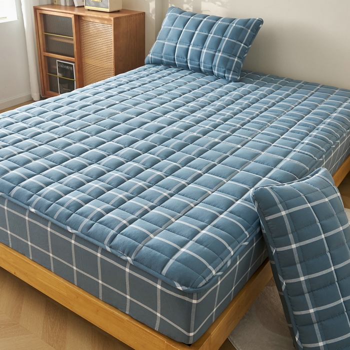 91家纺网 家纺一手货源 找家纺 锦丝钰床垫 2025春夏新款全棉色织水洗棉床笠 海蓝大格