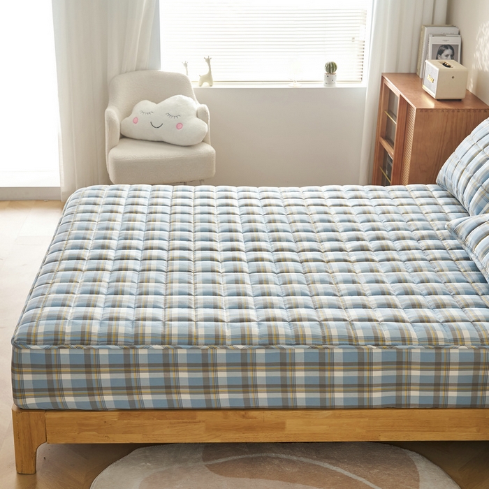 91家纺网 家纺一手货源 找家纺 锦丝钰床垫 2025春夏新款全棉色织水洗棉床笠 简兮蓝