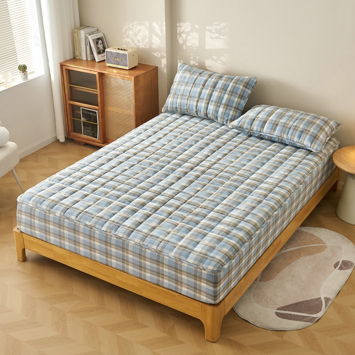 91家纺网 家纺一手货源 找家纺 锦丝钰床垫 2025春夏新款全棉色织水洗棉床笠 简兮蓝