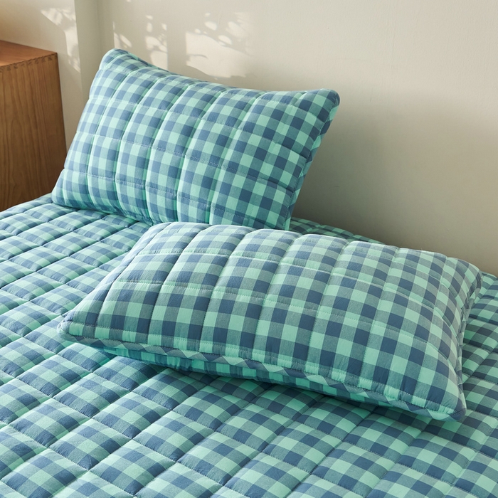 91家纺网 家纺一手货源 找家纺 锦丝钰床垫 2025春夏新款全棉色织水洗棉床笠 蓝绿中格