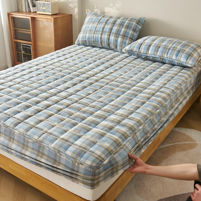 91家纺网 家纺一手货源 找家纺 锦丝钰床垫 2025春夏新款全棉色织水洗棉床笠 简兮蓝