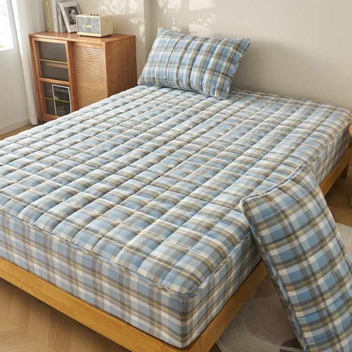 91家纺网 家纺一手货源 找家纺 锦丝钰床垫 2025春夏新款全棉色织水洗棉床笠 简兮蓝