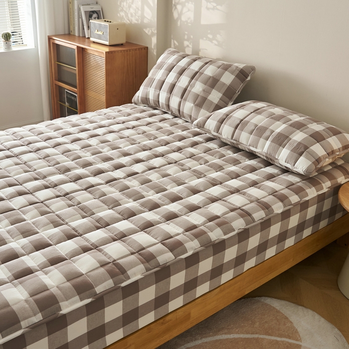 91家纺网 家纺一手货源 找家纺 锦丝钰床垫 2025春夏新款全棉色织水洗棉床笠 灰中格