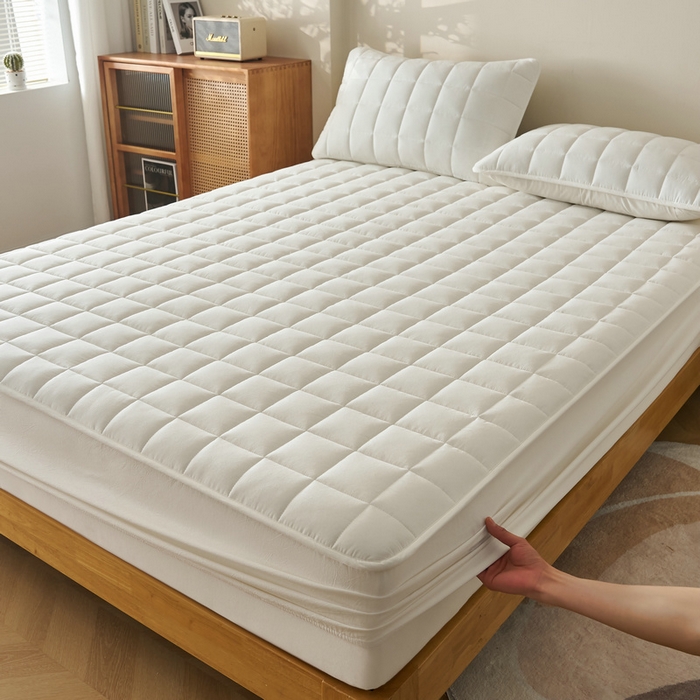 91家纺网 家纺一手货源 找家纺 锦丝钰床垫 2025春夏新款全棉色织水洗棉床笠 白色