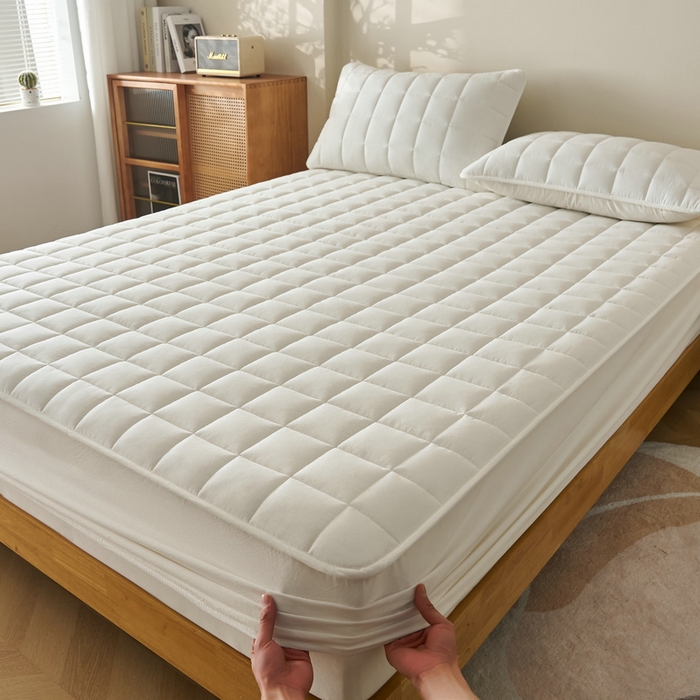 91家纺网 家纺一手货源 找家纺 锦丝钰床垫 2025春夏新款全棉色织水洗棉床笠 白色