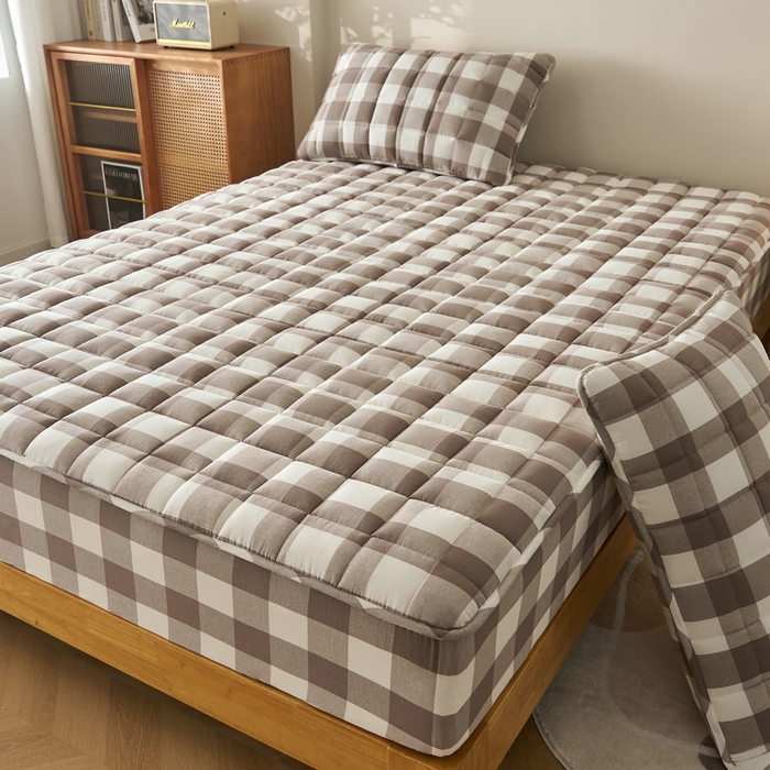 91家纺网 家纺一手货源 找家纺 锦丝钰床垫 2025春夏新款全棉色织水洗棉床笠 灰中格